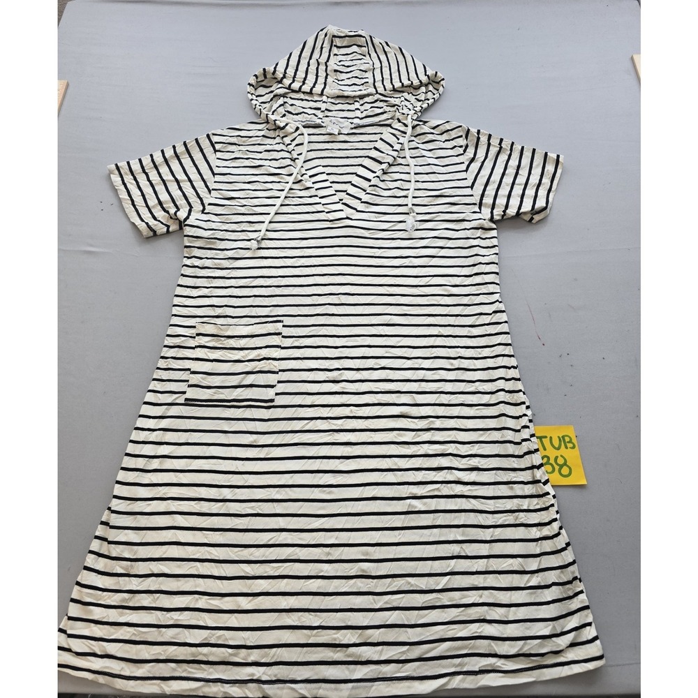 Nic + Zoe Striped Hooded Dress XL White Black V-Neck Short Sleeve Pocket Casual